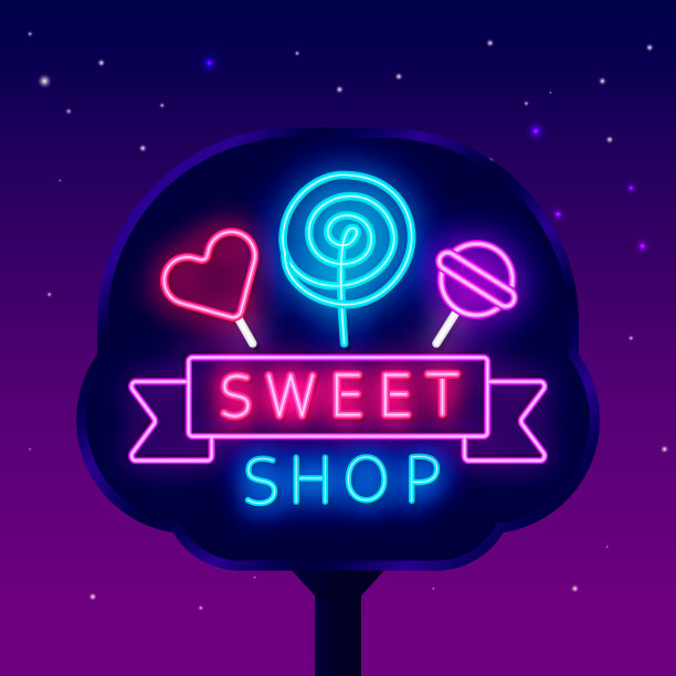 糖果店霓虹灯街广告牌。带丝带的复古标志。夜晚明亮的招牌。向量股票插图图片下载