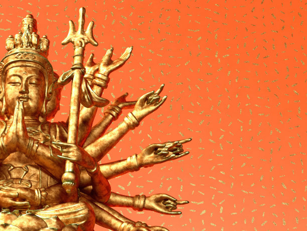 3d渲染金千观音菩萨在红色佛经背景下的中国神图片下载