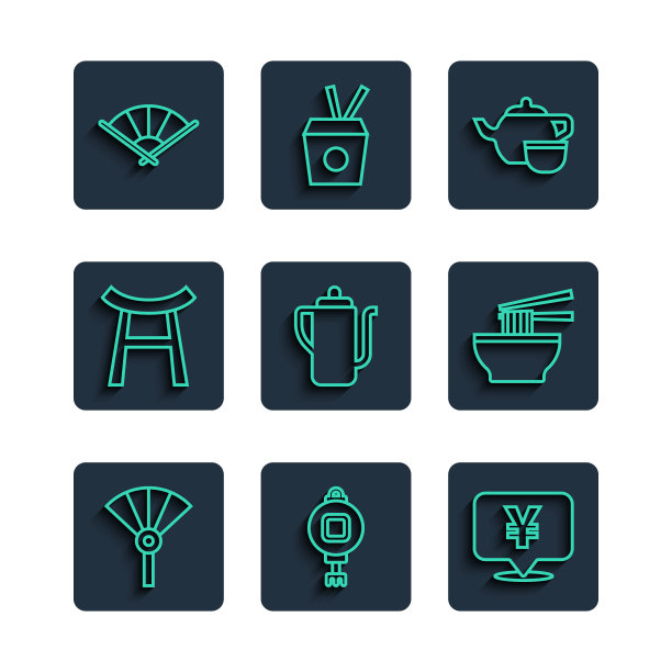 设置线中国或日本折扇，纸灯笼，元货币，茶道，日本门，和亚洲面条碗图标。向量图片下载