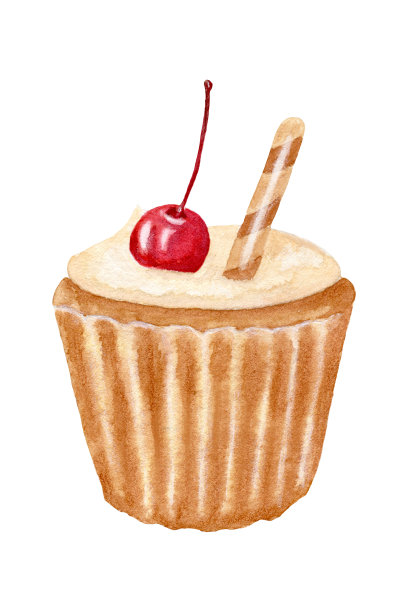 有樱桃和奶油的水彩纸杯蛋糕。有咖啡奶油和华夫饼棒的小蛋糕。设计菜单和食谱书。贴纸。小蛋糕被隔离在白色背景下。图片下载