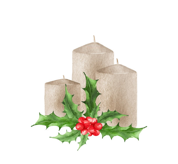 水彩圣诞蜡烛。用圣诞花环装饰的蜡烛图片下载