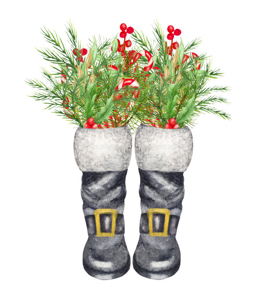 水彩圣诞靴与圣诞装饰，松树和礼物内的雨靴。手绘插图图片下载