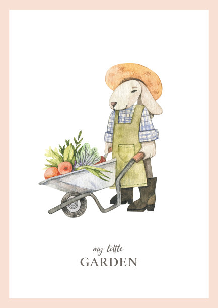 水彩幼稚海报与可爱的兔子园丁和手推车和农场蔬菜。孩子性格。儿童房的装饰。完美的邀请，贺卡，包装，宝宝派对图片下载