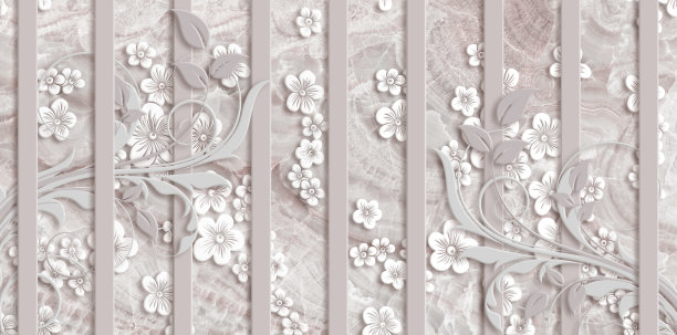 3d壁纸，白色花朵，淡粉色大理石背景，垂直条纹图片下载