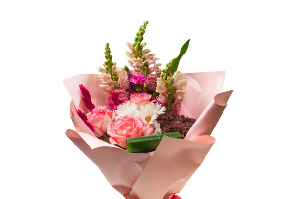 一束用粉红色包装纸包装的柔软的粉红色花朵。图片下载