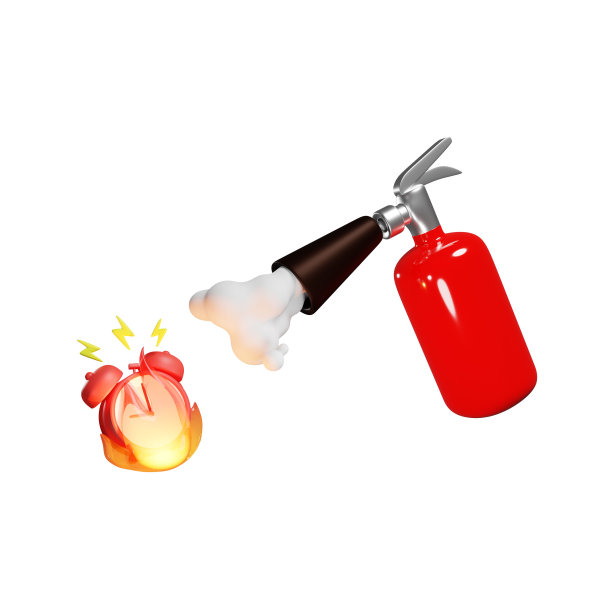 3D红色灭火器扑灭火灾闹钟，期限概念，时间管理，孤立的白色背景插图，3D渲染图片下载