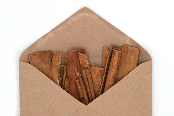 肉桂棒和香料树皮在工艺信封白色的背景图片下载