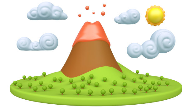 卡通自然景观与火山孤立在白色背景。丰富多彩的现代简约概念渲染。风格化有趣的儿童粘土，塑料或木头玩具。逼真的时尚3d插图。图片下载