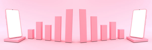 3D效果图粉色智能手机白色屏幕对面的粉色条形图排序高低。智能手机白屏幕可用于商业广告，隔离在粉色背景上。图片下载