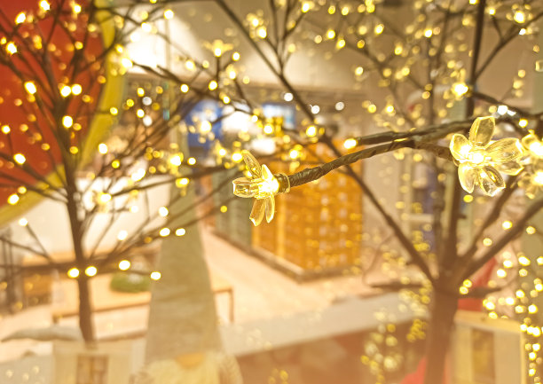 商店里挂满了漂亮的圣诞彩灯和新年花环。假日购物和周末促销。图片下载