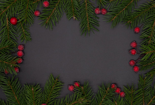 圣诞框架，横幅广告或新年卡片，松枝，圣诞树装饰和红色浆果在黑色的背景，平铺，俯视图图片下载