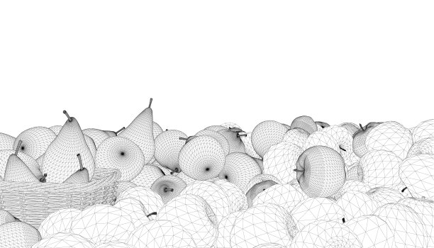 一堆苹果和梨的线框，和一篮黑色的线孤立在白色的背景。背景与苹果。3 d。矢量图图片下载