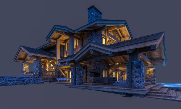 3d渲染的现代舒适的小屋在夜间孤立的黑色图片下载