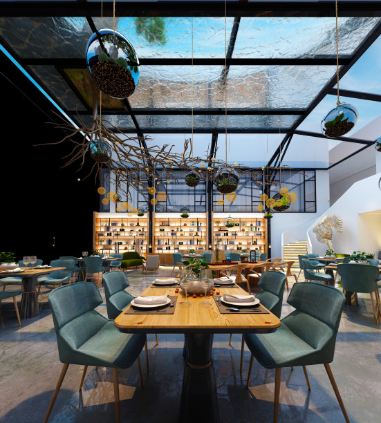 餐厅咖啡厅内部的3d渲染图片下载