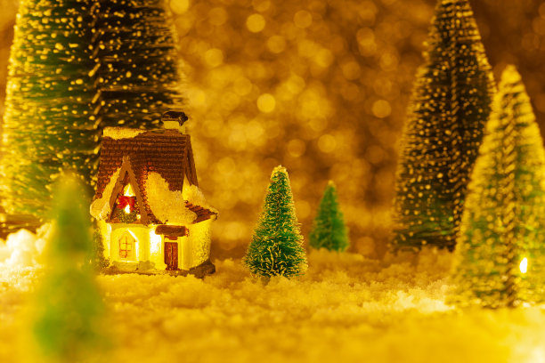 圣诞贺卡。雪中的小玩具屋。人工云杉图片下载