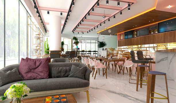 自助餐厅和餐厅的3D渲染图片下载