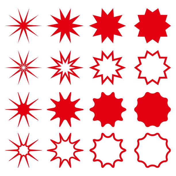 星形状的集合。简单的轮廓和红星的轮廓。矢量插图孤立的白色。图片下载