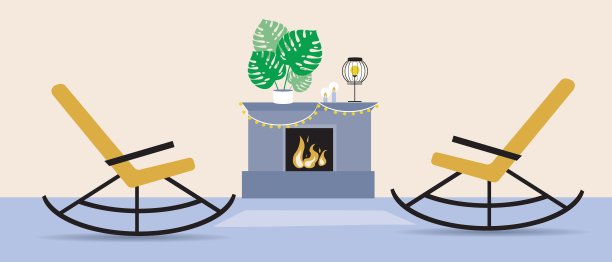 客厅室内有摇椅，没有人，平面矢量股票插图与壁炉作为模板hygge房间或公寓的背景图片下载