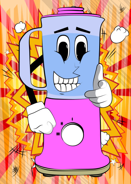 食物搅拌机用手指着观众，就像一个有脸的卡通人物。图片下载