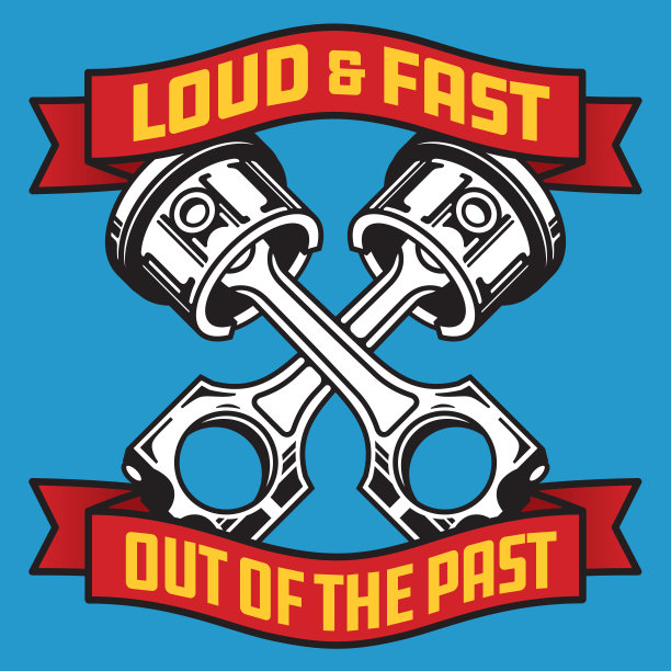 响亮和快速，走出了过去的热杆汽车活塞徽章或徽章。图片下载