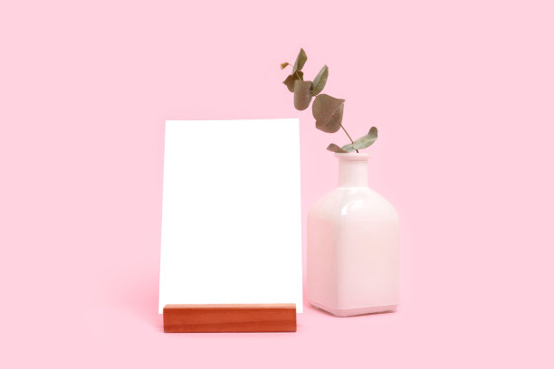 桉树树枝在花瓶和纸卡片模型在粉红色的柔和的背景。图片下载
