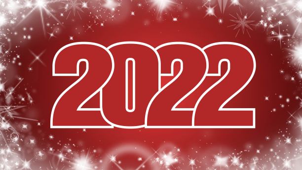 2022年贺卡——红色背景上的数字，白色雪花和冰星的边框图片下载