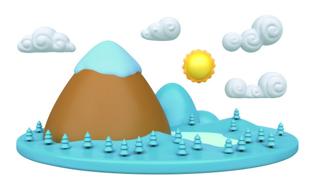 卡通自然冬季景观与山孤立在白色。丰富多彩的现代简约概念渲染。风格化有趣的儿童粘土，塑料或木头玩具。逼真的时尚3d插图。图片下载