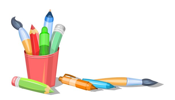 玻璃杯里的文具。艺术创意和绘画的工具。儿童卡通风格。刷子和铅笔。孤立在白色背景。向量。图片下载