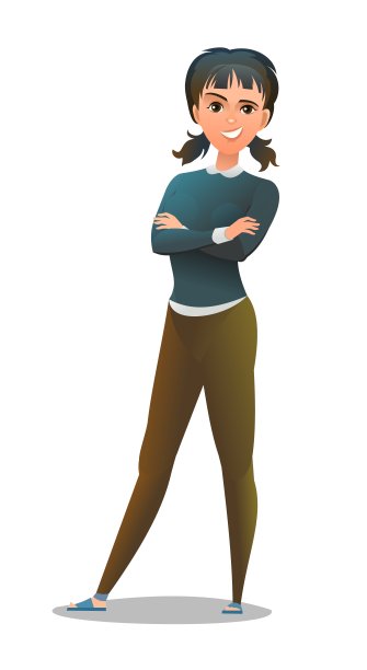 穿着裤子和毛衣的漂亮女人。开朗的中年女孩。开朗的人。站立姿势。卡通漫画风格平面设计。单个的字符。孤立在白色背景上的插图。向量图片下载