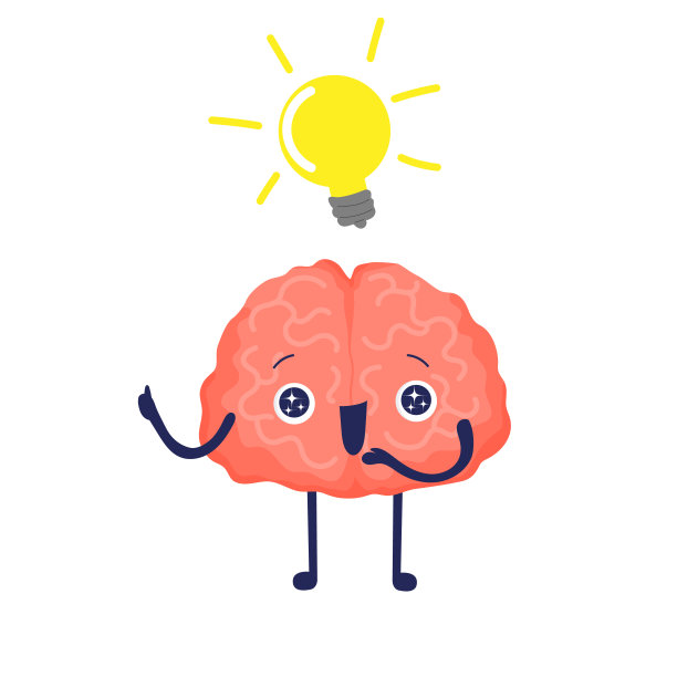 大脑和创意灯。可爱的卡通快乐大脑与洞察力。人体内部器官。股票矢量插图孤立的白色背景。图片下载