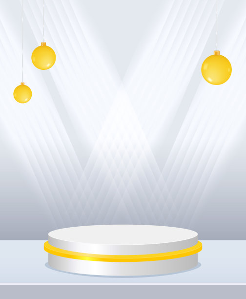 向量舞台白色圣诞霓虹背景与几何圆形平台和挂球图片下载