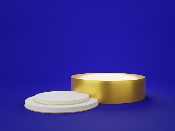 圆形的白色和金色的讲台舞台与金色的戒指在蓝色的背景上的产品展示，产品热卖，时髦的最小风格为圣诞庆祝，3D渲染图片下载