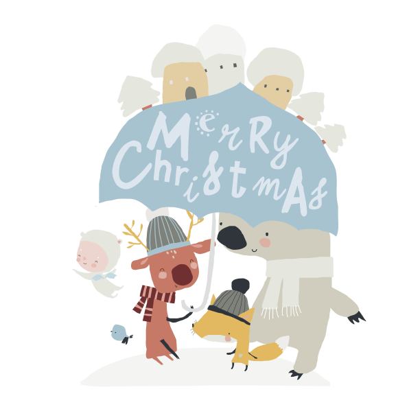 卡通快乐动物在大伞下迎接冬天图片下载