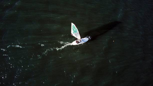 在城市河流上冲浪。无人机航拍照片。图片下载