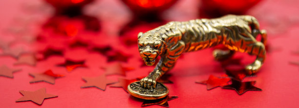 以红星和红球为背景的旗帜上的铜像老虎和硬币- 2022年中国新年的象征，一个复制空间图片下载