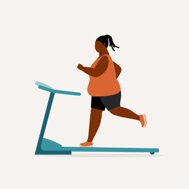 超重黑人妇女在跑步机上跑步。图片下载