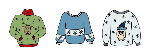 传统丑陋的圣诞毛衣，向量集。有趣的节日服装与各种可爱的印花和装饰图片下载
