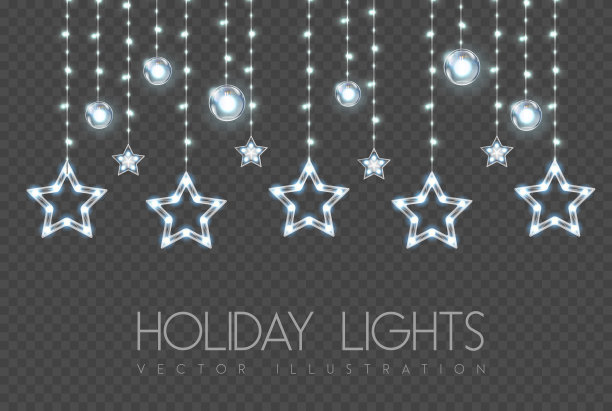矢量garlang与蓝色灯透明的背景。发光的恒星的形状。节日的灯光矢量插图图片下载