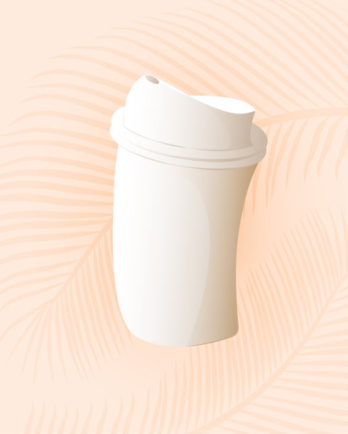 一个有咖啡和其他饮料盖子的纸杯，浅米色背景上有棕榈叶的阴影。图片下载