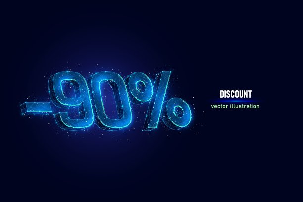 由连接点制成的数码线框打九折。假日折扣低多边形矢量插图在蓝色的背景。图片下载