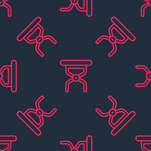 红色线野营便携式折叠椅图标孤立无缝图案黑色背景。休息和放松设备。钓鱼的座位。向量图片下载