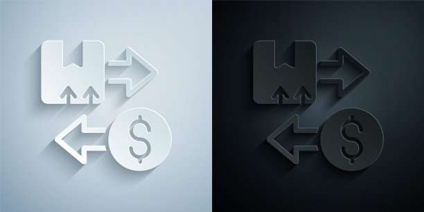 纸切税纸箱纸箱图标孤立在灰色和黑色的背景。箱子，包裹，包裹标志。交付和包装。纸艺术风格。向量图片下载