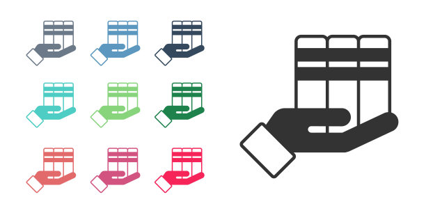 黑色书捐赠图标孤立在白色背景。设置图标丰富多彩。向量图片下载