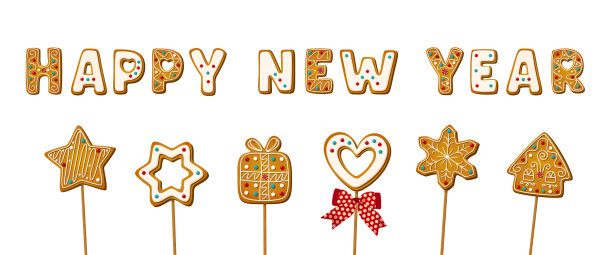 烤饼干姜饼形状的字母在木棒上新年快乐的卡通风格。用甜饼干装饰的酥饼，隔离在白色上。矢量图图片下载
