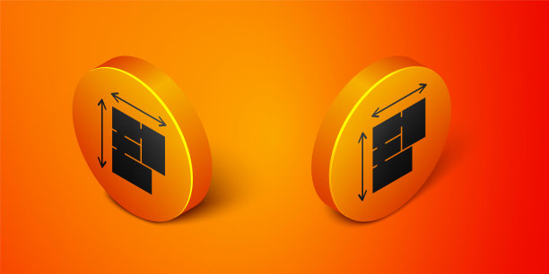 等距住宅平面图图标孤立在橙色背景。橙色圆按钮。向量图片下载