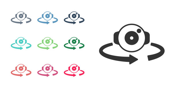 黑色360度视图图标孤立在白色背景。虚拟现实。角度360度摄像头。全景照片。设置图标丰富多彩。向量图片下载