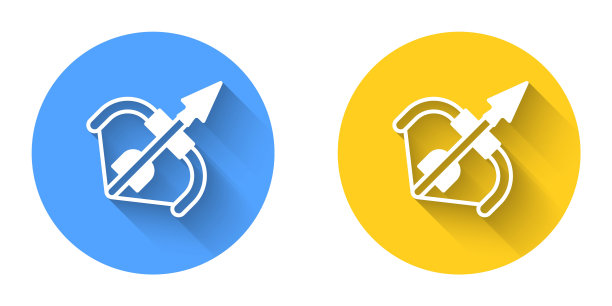 白色中世纪弓箭图标孤立与长阴影背景。中世纪的武器。圆按钮。向量图片下载