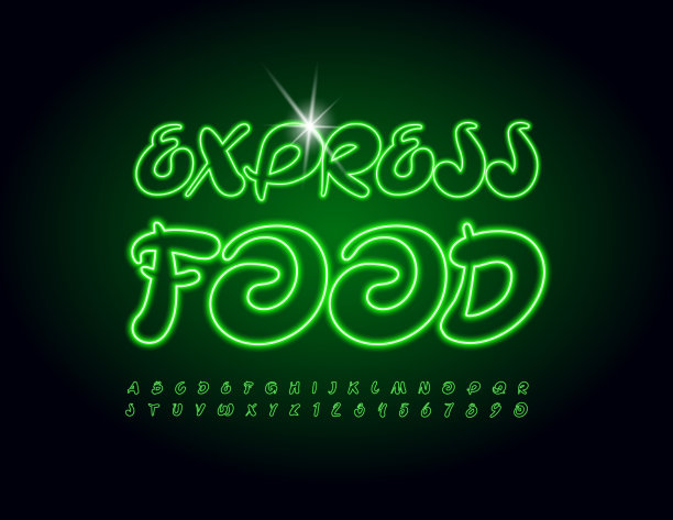 矢量发光横幅食品配送。霓虹绿色字母和数字集图片下载