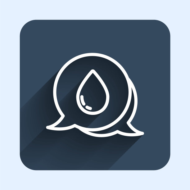 白线水滴语音气泡图标孤立与长阴影背景。蓝色方块按钮。向量图片下载