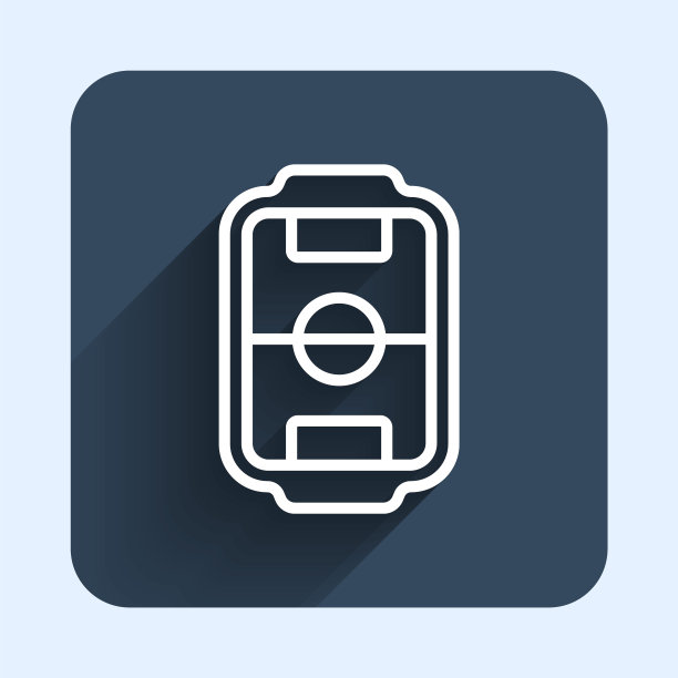 白线桌足球游戏爱好或休闲图标孤立与长阴影背景。运动队足球运动员。蓝色方块按钮。向量图片下载